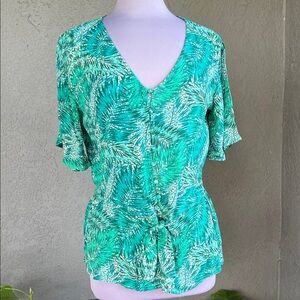 Democracy - Teal Leaf Print Blouse with Tie Font & Button Down - Tag Size M
